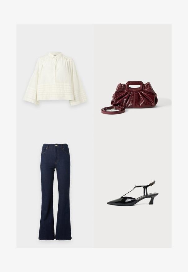 Blouse blanche ample à manches longues avec manches larges, devant boutonné, petit col et plis horizontaux près de l'ourlet et des extrémités des manches.; Jean en denim bleu foncé taille haute avec passants pour ceinture, bouton sur le devant, fermeture éclair, poches avant et arrière, et jambes légèrement évasées.; Chaussure slingback femme en cuir verni noir à talon bas, bout pointu et fine bride avec petite boucle.; Petit sac à main en cuir rouge foncé avec texture froncée, poignée rectangulaire découpée pour la main et bandoulière détachable sur fond blanc.