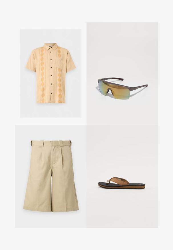 Beige overhemd met korte mouwen en knopen, met verticale strepen met zon-patroon en een borstzak aan de linkerkant.; Beige knielange shorts met geplooide voorkant, riemlussen, steekzakken aan de zijkant en een strak, op maat gemaakt ontwerp.; Bruine teenslipper met een gestructureerde zwarte rubberen zool, voorzien van een gladde suède band en een minimalistisch ontwerp. De randkleur contrasteert met de zool.; Sportzonnebril met een slank, rechthoekig bruin montuur en een vervagend geel-blauw glas, met een duidelijke neusbrug en gestructureerde tempelgrepen.