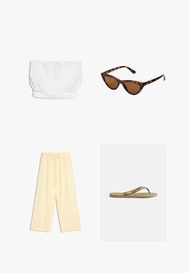 Witte strapless buisvormige top met een trekkoord in het midden en een elastische zoom aan de onderkant.; Loszittende lichtgele wijde broek met elastische taille en aantrekkoord, zonder zichtbare patronen of zakken.; Beige teenslipper met gestructureerde zool en bronzen metalen Y-vormige banden op een witte effen achtergrond.; Cat-eye zonnebril met een zwart en oranje schildpadframe, bruine lenzen en slanke, puntige uiteinden. Bevat een minimalistisch logo op de poot.