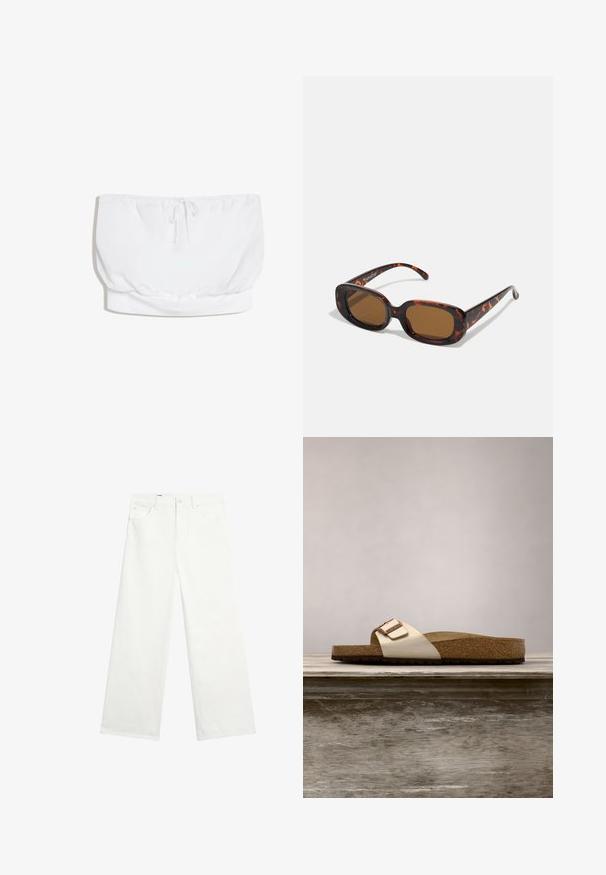 Hvid stropløs tube-top med snøre i midten og elastisk kant nederst.; Hvide vidde denim jeans med frontknap, bæltestropper og sidelommer, vist på en ensfarvet hvid baggrund.; Sandal med slide-design, der har en let metallisk overdel, korkfodbed og tekstureret brun gummisål. Spænde detalje med logoaccent.; Skildpaddefarvede solbriller med rektangulær form, brune linser, glat plastikskelet og tynde stænger med subtile tonale mønstre.