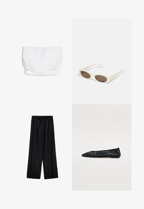 Top tube blanc sans bretelles avec un cordon de serrage au centre et un ourlet élastiqué en bas.; Pantalon ample noir à taille élastique avec cordon de serrage devant, fabriqué en tissu léger.; Ballerine en crochet noire avec un bout pointu, présentant un design en mailles ouvertes et une semelle plate.; Lunettes de soleil crème avec des verres en forme ovale, teintés de brun, dotées d'une finition brillante et d'un discret logo "Vogue" sur le côté.