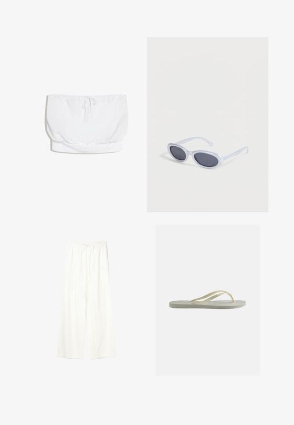 Witte strapless buisvormige top met een trekkoord in het midden en een elastische zoom aan de onderkant.; Witte wijde broek met elastische tailleband en trekkoord, gemaakt van lichtgewicht stof.; Enkele ecru rubberen teenslipper met dunne bandjes en een gestructureerd voetbed, zijaanzicht op een effen achtergrond.; Ovaalvormige zonnebril met wit montuur en donker getinte glazen, liggend op een witte ondergrond.
