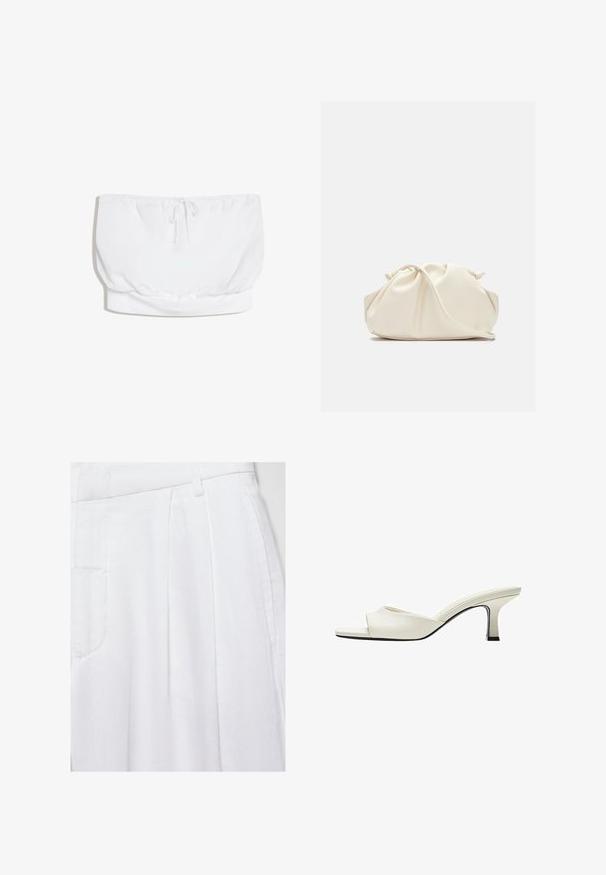 Top tube blanc sans bretelles avec un cordon de serrage au centre et un ourlet élastiqué en bas.; Pantalon blanc taille haute avec poches latérales, passants de ceinture et plis devant en tissu texturé.; Mule en cuir blanc à bout ouvert avec un talon bloc incurvé de hauteur moyenne et une semelle carrée légèrement effilée à l’avant.; Pochette en cuir souple couleur crème avec un design froncé et une fine bandoulière reposant à l’avant sur un fond uni.