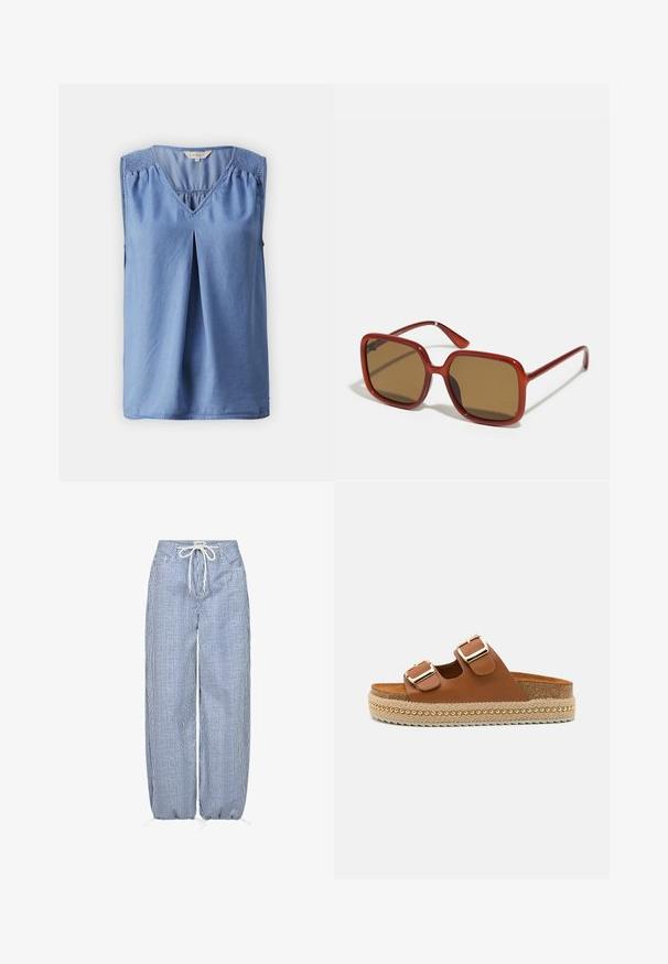 Top sin mangas de color azul claro con escote en V, textura fruncida en los hombros y detalle de plegado en la parte delantera. Hecho de una tela suave y ligera.; Pantalones de pierna ancha a rayas azul y blanco, hechos de tela ligera con cintura elástica y cordón ajustable. Presenta puños fruncidos.; Chanclas de cuero marrón con dos correas ajustables y hebillas doradas. Suela tipo plataforma con textura trenzada y pequeños acentos dorados.; Gafas de sol cuadradas rojas con lentes tintados marrones. Montura gruesa y brillante, con varillas delgadas y un pequeño detalle en el lateral para añadir interés visual.