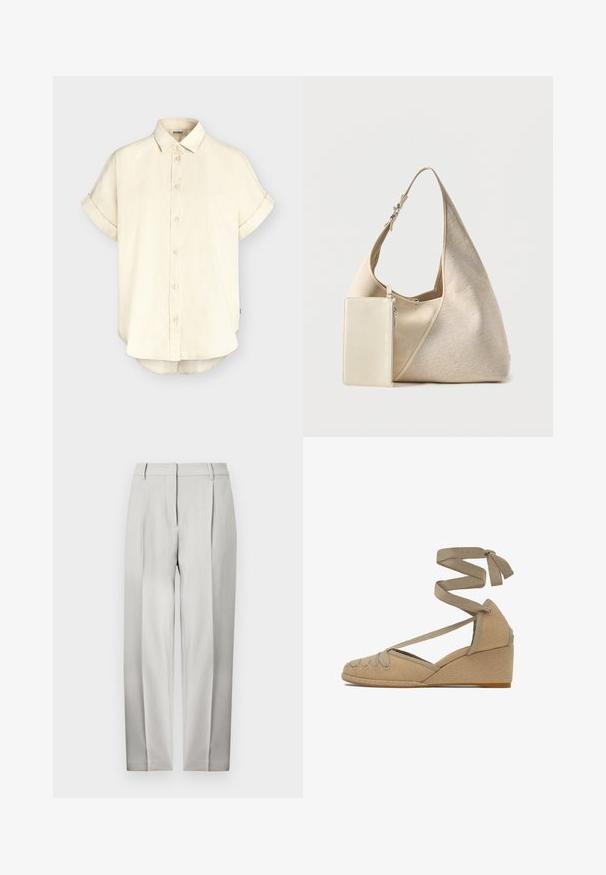 Beige kortærmet skjorte med knapper, opkrogede ærmer, klassisk krave og let afrundet kant fra det miljøvenlige mærke ECOALF.; Lysegrå, skræddersyede bukser med lige ben, udstyret med forreste læg, bæltestropper og et glat tekstureret stof.; Beige kile-espadrille med lukket tå, synlige stingdetaljer og ankelbånd, lavet af lærredsmateriale med moderate hælhøjde.; Beige stof hobo taske med justerbar rem og vedhæftet lille rektangulær lynlåslomme i matchende farve.