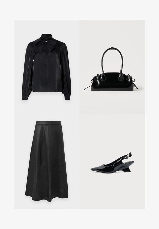 Zwarte blouse met een strikkraag en lange mouwen. Gemaakt van een gladde stof met een lichte glans. Heeft een sleutelgat-halslijn en manchetmouwen.; Zwarte leren midi-rok met een uitlopende silhoutte, afgewerkt met stiksel details en een gladde textuur. Geen zichtbare hardware of accenten.; Zwarte lakleren slingback schoen met spitse neus en lage schuine blokhak op een effen lichte achtergrond.; Kleine zwarte glanzende handtas met twee lange hengsels en zijkant trekkoord details op een effen lichte achtergrond.