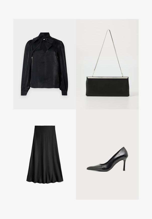 Zwarte blouse met een strikkraag en lange mouwen. Gemaakt van een gladde stof met een lichte glans. Heeft een sleutelgat-halslijn en manchetmouwen.; Zwarte satijnen A-lijn rok met een gladde textuur en vloeiende zoom, knielengte, weergegeven op een witte achtergrond.; Zwarte lakleren damesschoen met hoge hak, puntige neus en smalle hak op een effen lichte achtergrond.; Zwarte leren clutch met een zilveren metalen kettinghandvat en een strakke rechthoekige vorm. Matte textuur en minimalistisch ontwerp met een metallic accent.