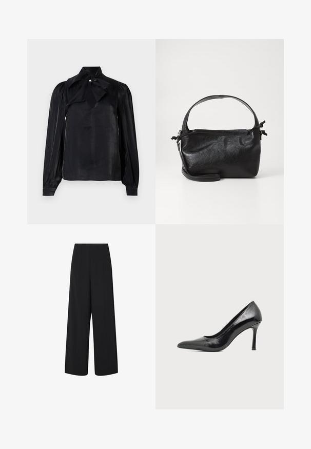 Blouse noire avec un col à nouer et des manches longues. Fabriquée en tissu lisse avec un léger éclat. Présente un décolleté en trou de serrure et des manches à poignets.; Pantalons noirs évasés cropped avec taille haute et poches latérales, présentant des détails de coutures verticales subtiles.; Chaussure à talon haut pour femme en cuir verni noir avec bout pointu et talon fin sur fond clair uni.; Sac à main en cuir noir au design structuré, avec une poignée arrondie et une bandoulière amovible. Présente une texture lisse et un éclat subtil.