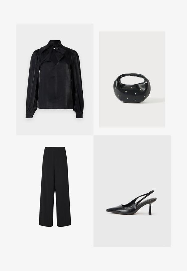Blusa negra con cuello de lazo y mangas largas. Confeccionada en una tela lisa con un ligero brillo. Presenta un escote en forma de lágrima y mangas con puños.; Pantalones negros de pierna ancha y recortados con una cintura alta y bolsillos laterales, que presentan detalles de costura vertical sutil.; Zapato de tacón alto negro de cuero con puntera afilada y tacón delgado sobre un fondo blanco.; Bolso de mano de cuero negro con forma redondeada, decorado con detalles de tachuelas plateadas y un asa corta. Textura lisa y cierre con cremallera.