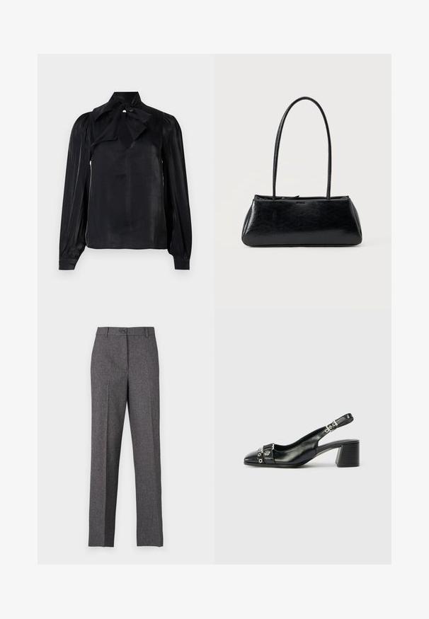 Blusa negra con cuello de lazo y mangas largas. Confeccionada en una tela lisa con un ligero brillo. Presenta un escote en forma de lágrima y mangas con puños.; JDY Wide-leg JDYBLOOM Tapered Fit - Pantalones - black/white salt and pepper; Tacón slingback de cuero negro con punta afilada, correa texturizada con acentos metálicos circulares y tacón cuadrado apilado.; Bolso de hombro rectangular negro con correas largas y delgadas y una textura lisa y brillante sobre un fondo liso.