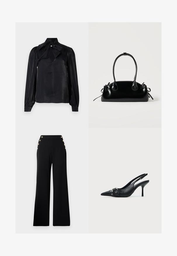 Blusa negra con cuello de lazo y mangas largas. Confeccionada en una tela lisa con un ligero brillo. Presenta un escote en forma de lágrima y mangas con puños.; Pantalones de pierna ancha de talle alto en negro con botones dorados en la parte delantera y bolsillos en ambas caderas sobre un fondo blanco.; Zapato de tacón alto tipo slingback de piel negra con puntera puntiaguda, con hebilla y detalle de tira con ojetes en la parte delantera.; Pequeño bolso negro brillante con dos asas largas y detalles de cordón lateral sobre un fondo claro liso.