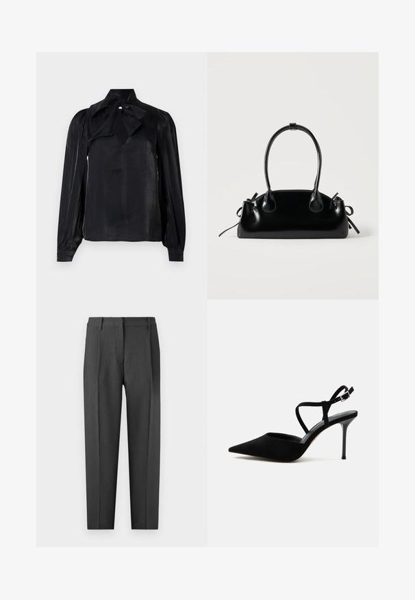 Blouse noire avec un col à nouer et des manches longues. Fabriquée en tissu lisse avec un léger éclat. Présente un décolleté en trou de serrure et des manches à poignets.; Pantalons ajustés gris charbon, avec une taille plate, des poches latérales et une coupe droite, présentant une texture lisse.; Chaussure à talon haut noire à bout pointu avec talon stiletto fin et fines lanières à la cheville avec boucle argentée sur fond blanc.; Petit sac à main noir brillant avec deux longues anses et des détails à cordon sur les côtés sur un fond clair uni.