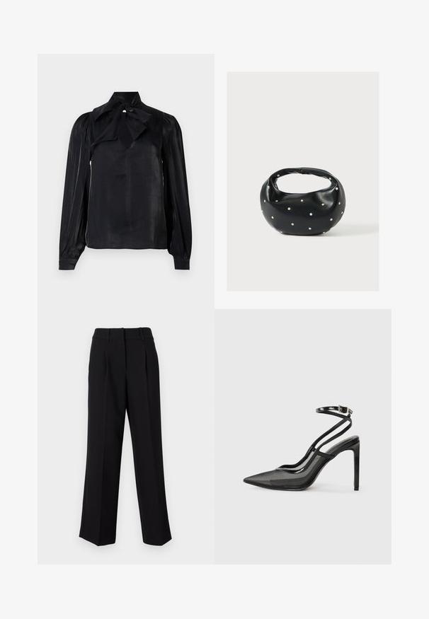 Blusa negra con cuello de lazo y mangas largas. Confeccionada en una tela lisa con un ligero brillo. Presenta un escote en forma de lágrima y mangas con puños.; Pantalones negros con un diseño recto y de pierna ancha, que presentan un frente plano, lazos para cinturón y una textura suave. Aptos para diversas ocasiones.; Zapato de tacón alto negro con punta afilada, combinación de malla y piel brillante, correa en el tobillo con detalle de hebilla, silueta elegante.; Bolso de mano de cuero negro con forma redondeada, decorado con detalles de tachuelas plateadas y un asa corta. Textura lisa y cierre con cremallera.