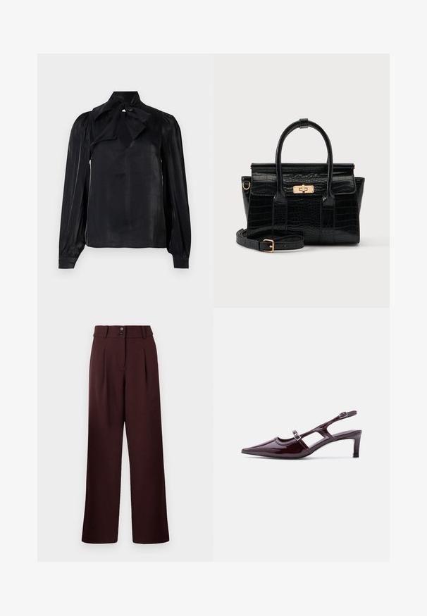 Blouse noire avec un col à nouer et des manches longues. Fabriquée en tissu lisse avec un léger éclat. Présente un décolleté en trou de serrure et des manches à poignets.; Pantalons évasés en bordeaux foncé, avec une taille haute, deux plis à l'avant et une fermeture à deux boutons. Fabriqués en tissu texturé.; Chaussure slingback en cuir verni bordeaux avec bout pointu, talon bas et double bride à boucle réglable.; Sac à main noir à texture crocodile, avec deux poignées, une bandoulière amovible et un fermoir rectangulaire doré sur le rabat avant.