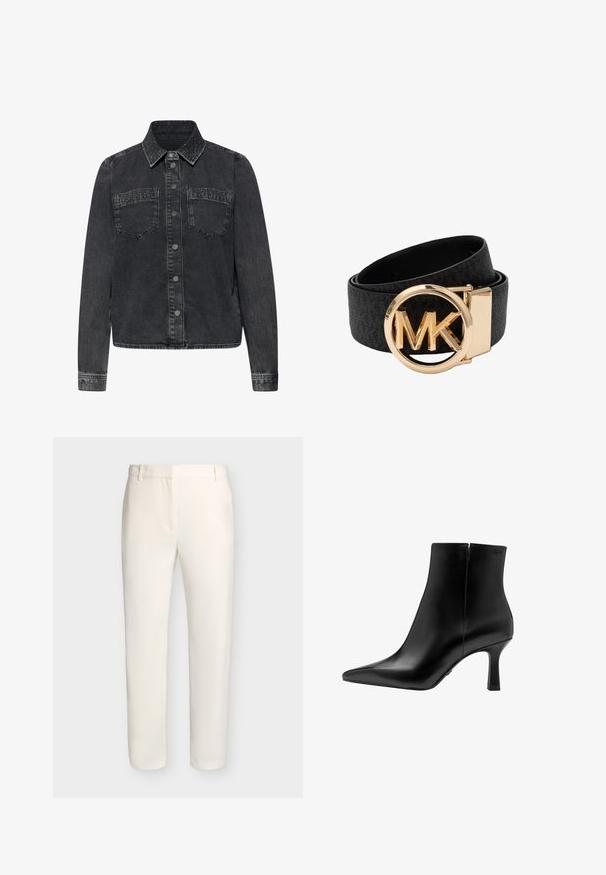 Schwarze Jeansjacke mit klassischem Kragen, zwei Brusttaschen und Nietenverzierung am Kragen. Verfügt über eine vordere Knopfleiste und lange Ärmel.; Weiße maßgeschneiderte Hose mit Gürtelschlaufen und schmaler Passform, vor einem schlichten hellen Hintergrund präsentiert.; Schwarze Leder-Stiefelette mit spitzer Zehe, hohem Stiletto-Absatz, glatter Textur und minimalistischem Design. Verfügt über einen Reißverschluss auf der Rückseite.; Schwarzer Ledergürtel mit großer runder goldener Schnalle, die in der Mitte die stilisierten Initialen "MK" trägt, aufgerollt auf weißem Hintergrund.