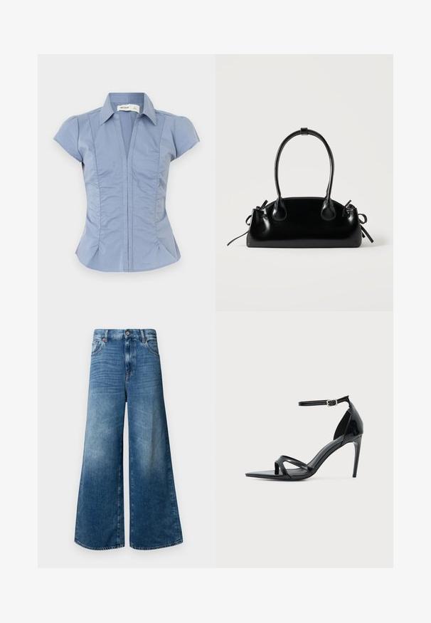 Lyseblå kortærmet skjorte med krave, lodrette syninger og subtil opsamling ved siderne, lavet af et glat tekstil.; Bredde denim jeans i mellemblå med et klassisk fem-lomme design, knaplukning og let falmning for ekstra tekstur.; Sort laklædersandal med høje hæle, tynd ankelrem, åben tå og minimalistisk design på en ensfarvet lys baggrund.; Lille sort blank håndtaske med to lange håndtag og snøre-detaljer i siden på en ensfarvet lys baggrund.