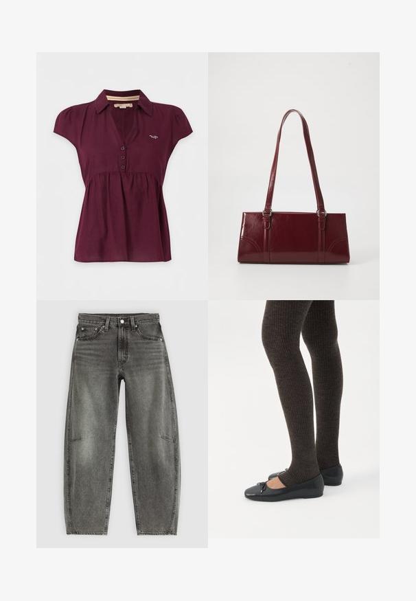 Donkerpaarse blouse met korte mouwen, een kraag, drie knopen aan de voorkant en een klein wit logo op de linkerborst.; Hoge taille grijs gewassen denim jeans met vijf zakken, knoopsluiting en een ontspannen rechte pasvorm.; Benen met donkere geribbelde leggings gecombineerd met zwarte ballerina's met kleine strikdetails op een witte achtergrond.; Bourgondische handtas van glanzend materiaal, rechthoekige vorm, met twee schouderbanden en subtiele gebogen accenten aan de voorkant.