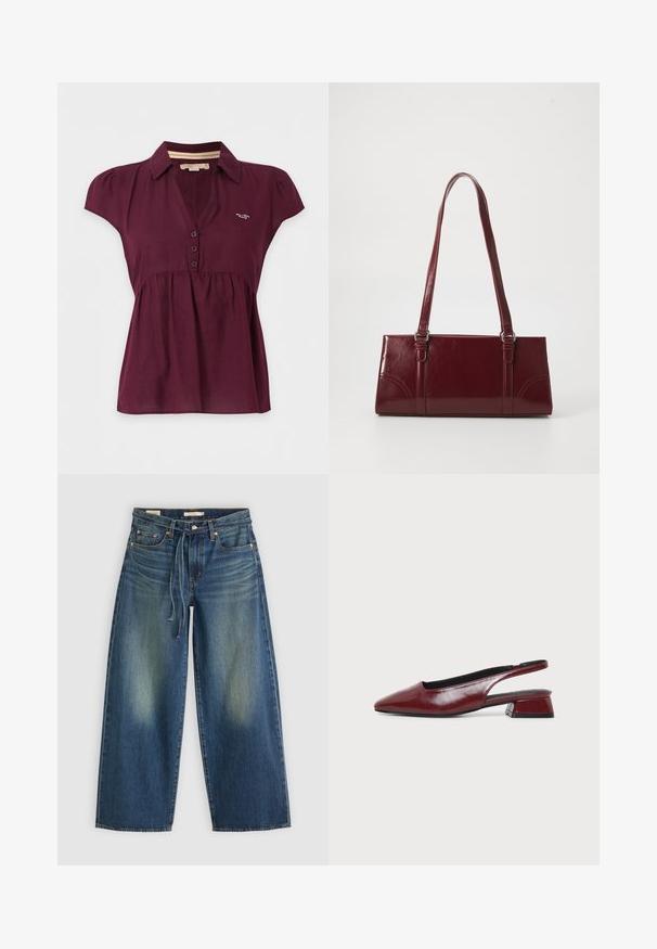 Blusa morado oscuro de manga corta con cuello, tres botones en la parte delantera y un pequeño logo blanco en el pecho izquierdo.; Jeans de mezclilla de pierna ancha en azul oscuro con un diseño desgastado, que presentan una cinturilla con cordón y un estilo de cinco bolsillos.; Zapato slingback de cuero granate con punta afilada y tacón bajo de bloque, mostrado de perfil sobre un fondo claro y sencillo.; Bolso burdeos hecho de material brillante, de forma rectangular, con dos asas para el hombro y sutiles acentos curvados en la parte frontal.