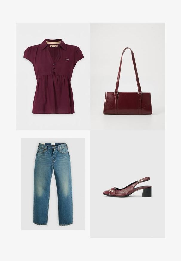 Donkerpaarse blouse met korte mouwen, een kraag, drie knopen aan de voorkant en een klein wit logo op de linkerborst.; Levi's® 501® '90S ANKLE - Straight leg jeans - blank slate; Bordeaux leren slingback schoen met een ronde neus, gebogen ontwerp, zilveren hardware accenten en een blokhak. Textuurafwerking.; Bourgondische handtas van glanzend materiaal, rechthoekige vorm, met twee schouderbanden en subtiele gebogen accenten aan de voorkant.