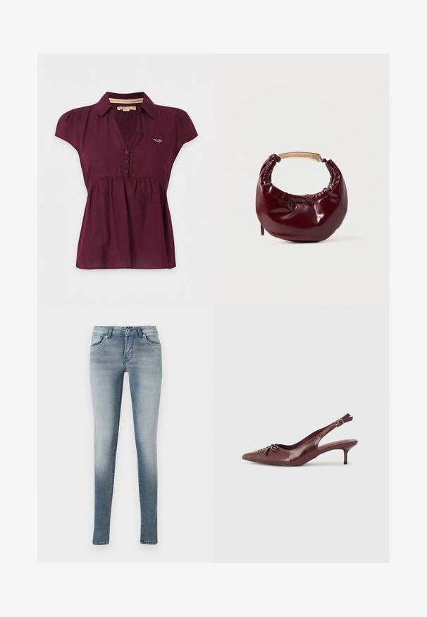 Kortærmet mørkelilla bluse med krave, tre knapper foran og et lille hvidt logo på venstre bryst.; Lyseblå skinny jeans lavet af denim, med fem-lomme design, knap- og lynlåslukning, samt en let falmeffekt på benene.; Bordeaux læder slingback hæl med spidse tå, justerbar rem og dekorativ sløjfedetalje foran. 7,5 cm hælhøjde.; Bordeaux farvet faux læder handbag med en afrundet form, samling detaljer og et guldtonet metalhåndtag. Glat tekstur og blank finish.