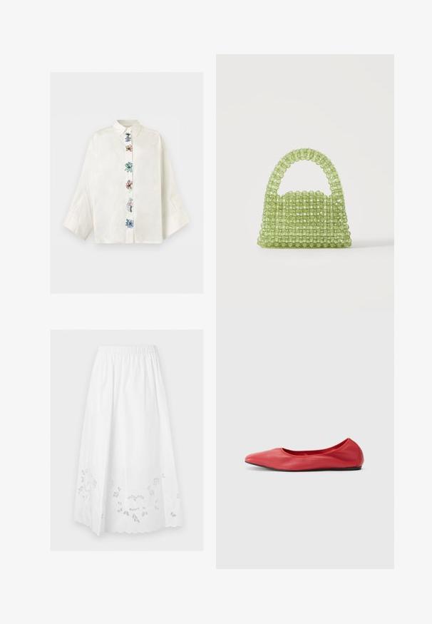 Chemise blanche à manches longues avec col et broderie florale multicolore courant verticalement le long de la patte de boutonnage.; Jupe midi blanche avec taille élastique et broderie florale à œillets le long de l'ourlet festonné.; Filippa K REY FLATS - Ballerines - bright red; Petit sac à main vert en perles rondes translucides avec une anse perlée sur un fond blanc uni.