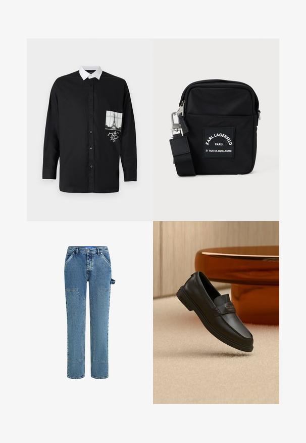 Sort langærmet skjorte med hvid krave, frontlomme med et tryk af Eiffel-tårnet i gråtoner og skrivedetaljer. Glat stoftekstur.; Blå denimjeans med et lige ben-design, der har kontrastfyldte lapper, to forlommer og en synlig løkke-detalje på siden.; Sort lædersko uden snørebånd med syede detaljer, forhøjet hælkappe og flad gummisål, placeret over en blød beige overflade.; Sort nylon crossbody taske med rektangulær form, med en frontpatch etikette, sølvhardware og en justerbar rem.