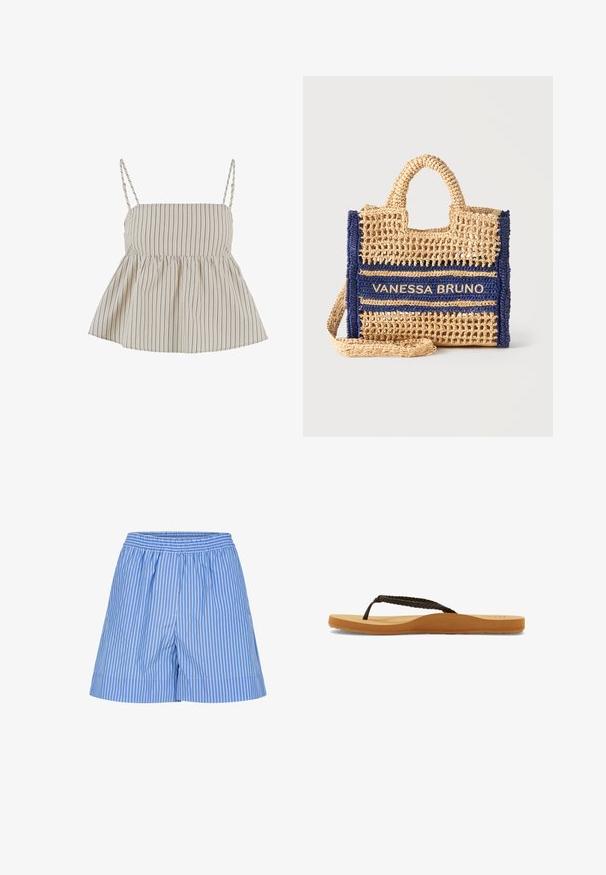 Urban Classics STRIPED CAMI - Top - cloud white; Pantalones cortos azules con rayas verticales blancas y una cintura elástica, mostrados sobre un fondo blanco.; Chanclas de tiras trenzadas marrones con suela suave y plantilla color tostado, que presentan un diseño redondeado y suela de goma texturizada para mayor tracción.; Bolsa tote tejida en beige y azul marino con asas cortas y "VANESSA BRUNO" bordado en la parte delantera en letras beige.