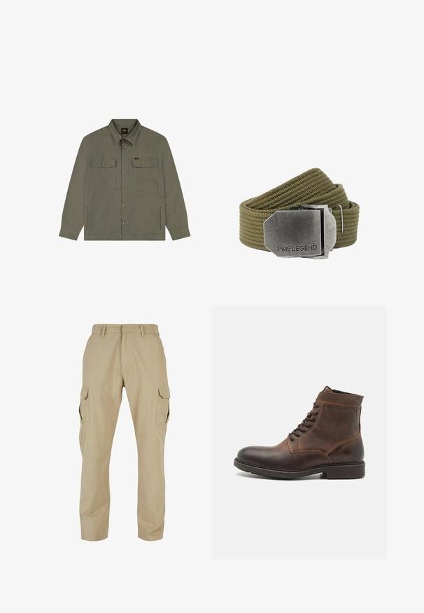 Olivengrøn skjortejakke med knapper, to brystlommer med klap, to sidelommer, lange ærmer og krave.; Beige cargo bukser lavet af bomulds twill, med flere sidelommer, lige ben design og lynlås med bæltestropper.; Jack & Jones JFWDELANEY BOOT - Snørestøvletter - cognac; Olivengrønt vævet stofbælte med en stor rektangulær børstet metal spænde indgraveret med "PME LEGEND."