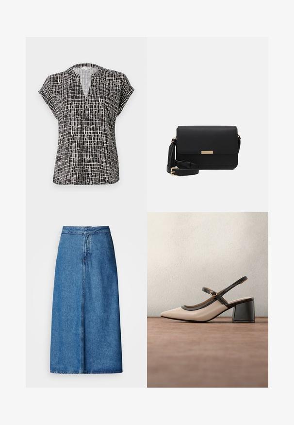 Blouse à manches courtes en noir avec un motif à carreaux. Dotée d'un col en V et d'une coupe décontractée. Fabriquée en tissu léger avec une texture lisse.; Jupe midi en denim à coupe décontractée, avec une taille haute, un ourlet effiloché et une couleur bleu uni. Design simple sans ornements visibles.; Chaussure beige à talons hauts avec bride arrière, bout pointu, bordure noire et détail boucle. Matériau lisse à finition mate, talon moyen épais.; Sac en cuir noir avec un rabat, accents en matériel doré, sangle réglable et surface texturée. Forme rectangulaire compacte.