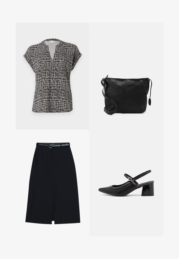 Blusa de manga corta en negro con un patrón de cuadrícula. Presenta un escote en V y un corte relajado. Fabricada con un tejido ligero y de textura suave.; Falda negra hasta la rodilla con una abertura en la parte delantera, hecha de tejido suave. Presenta un delgado cinturón negro con una hebilla plateada y pasadores para el cinturón.; Tacones slingback de charol negro con punta afilada, un diseño de corte redondeado y tacón bloque. Incluye un detalle de hebilla en tono dorado.; Bolso cruzado de cuero negro con forma plana, acentos de hardware dorado y correa ajustable. Textura suave con detalles de costura mínimos.