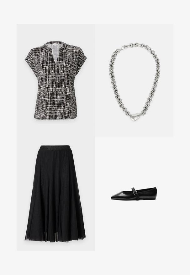 Kortærmet bluse i sort med et rutemønster. Har V-udskæring og en afslappet pasform. Lavet af letvægtsstof med en glat tekstur.; Sort maxi-skirt med et struktureret, flydende design. Har en bred, glitrende talje og et lagdelt, gennemsigtigt stof for en yndefuld fremtoning.; Sorte flade sko lavet af læder med spidse tæer, justerbar rem med metalspænde, glat tekstur og minimalistisk design.; Sølv kæd necklace med sammenkoblede runde led og en poleret hjerteformet accent i midten. Sikker clasp inkluderet.