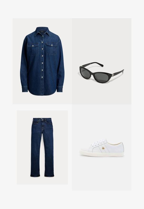 Donkerblauw denim overhemd met knopen, lange mouwen, twee borstzakken met klep en knopen, en een puntige kraag.; Donkerblauwe straight-leg spijkerbroek met knoop en rits aan de voorkant, ontwerp met vijf zakken en zichtbare stikseldetails.; Lauren Ralph Lauren JANSON II ACTION LEATHER SNEAKER - Sneakers laag - real white; Ralph Lauren Zonnebril - black
