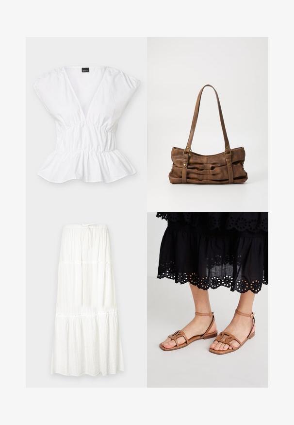 Blouse blanche à manches courtes avec col en V profond, taille élastique et ourlet à basque, posée à plat sur un fond blanc.; Jupe maxi blanche avec un design à étages, taille élastique et cordon de serrage. Fabriquée en tissu léger avec une finition texturée.; Sandales en cuir brun clair avec une semelle plate, dotées de brides structurées et d'une boucle de cheville réglable, associées à une jupe noire à œillets.; Even&Odd by Zalando Sac à main - brown
