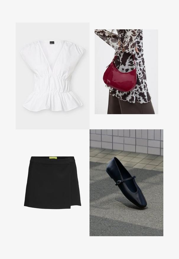 Witte korte mouwen blouse met diepe V-hals, elastische taille en peplum zoom, plat gelegd op een witte achtergrond.; Zwarte wikkelrok van gladde stof, met een hoge taille en een zijschuif. Label is zichtbaar in een contrasterende felgele kleur.; Zwarte leren Mary Jane platte schoen met een klein gespje, geplaatst op een grijs asfaltoppervlak nabij een betegelde muur.; Vrouw met een zwart-wit gebloemde blouse houdt een glanzende rode schoudertas vast tegen een effen achtergrond.