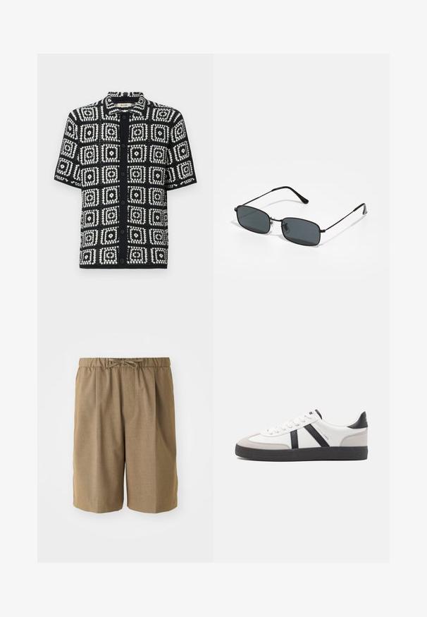 Chemise à manches courtes noir et blanche avec un motif à carreaux. Fabriquée en tissu texturé, dotée d'une fermeture à boutons et d'un col pointu.; Shorts plissés marron avec une taille élastique et un cordon de serrage ajustable. Fabriqués dans un tissu léger et lisse avec des jambes droites.; Baskets blanches avec des accents noirs et gris, présentant un embout texturé gris, une semelle en caoutchouc noir et des lacets plats blancs. Design épuré, style minimaliste.; Lunettes de soleil rectangulaires noires avec une fine monture en métal et des verres foncés reposant sur une surface blanche.