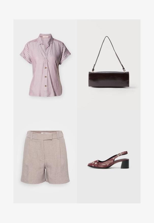 Kortærmet skjorte med knapper, med lodrette hvide striber på en mauve baggrund, afslappet pasform og spids krave.; Lysegrå linnedshorts med en struktureret overflade, der har en flad front, bæltestropper og sidelommer. Skræddersyet pasform med knælængde.; Bordeauxfarvet læderslippersko med rund tå, buet design, sølvhardwaredetaljer og blokhæl. Tekstureret finish.; Rektangulær sort læderhåndtaske med en enkelt lang rem og blank finish, vist mod en ensfarvet hvid baggrund.