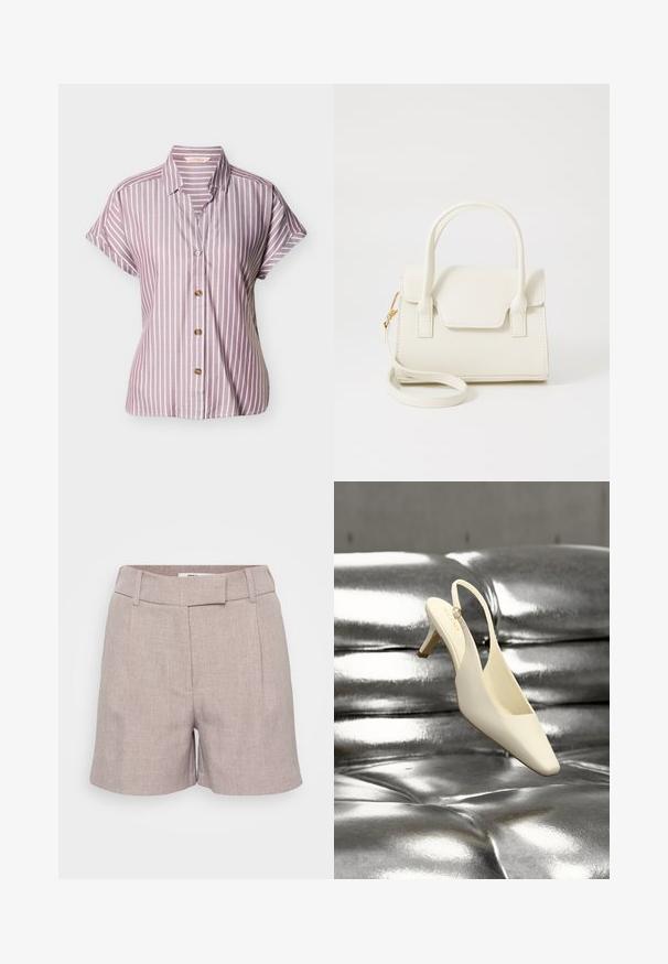 Kortærmet skjorte med knapper, med lodrette hvide striber på en mauve baggrund, afslappet pasform og spids krave.; Lysegrå linnedshorts med en struktureret overflade, der har en flad front, bæltestropper og sidelommer. Skræddersyet pasform med knælængde.; Kremfarvet slingback kitten heel sko med firkantet tå hviler på en skinnende sølv tuftet læderoverflade.; Lille hvid håndtaske med dobbelte håndtag, frontklap og aftagelig skulderrem med guldlås på hvid baggrund.