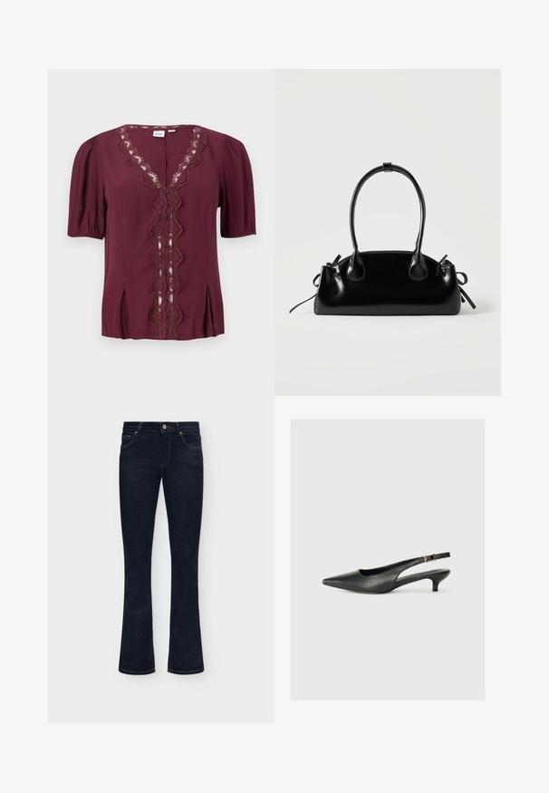 Bordeauxrode blouse met korte mouwen, voorzien van een golvende kanten rand langs de V-hals en een geknoopte voorkant, met lichte plooien vlak bij de zoom.; Donkerblauwe denim jeans met een mid-rise taille, knoop aan de voorkant en lichte uitlopende pijpen onderaan op een effen achtergrond.; Zwarte puntschoen met slingback van soepel leer. Kenmerkt zich door een dunne hak en een gespdetail op de verstelbare band.; Kleine zwarte glanzende handtas met twee lange hengsels en zijkant trekkoord details op een effen lichte achtergrond.
