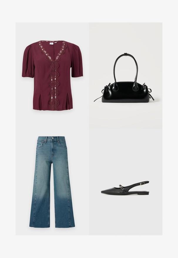 Blouse bordeaux à manches courtes avec bordure en dentelle festonnée le long du col en V et devant boutonné, présentant de légers plis près de l'ourlet.; Jeans à jambe large dans un délavage bleu moyen, présentant un effet dégradé du plus foncé au plus clair. Fabriqués en denim avec un design traditionnel à cinq poches.; Chaussures slingback en cuir noir avec un bout pointu, comprenant une lanière étroite et un accent de boucle argentée sur le côté. Semelle plate.; Petit sac à main noir brillant avec deux longues anses et des détails à cordon sur les côtés sur un fond clair uni.