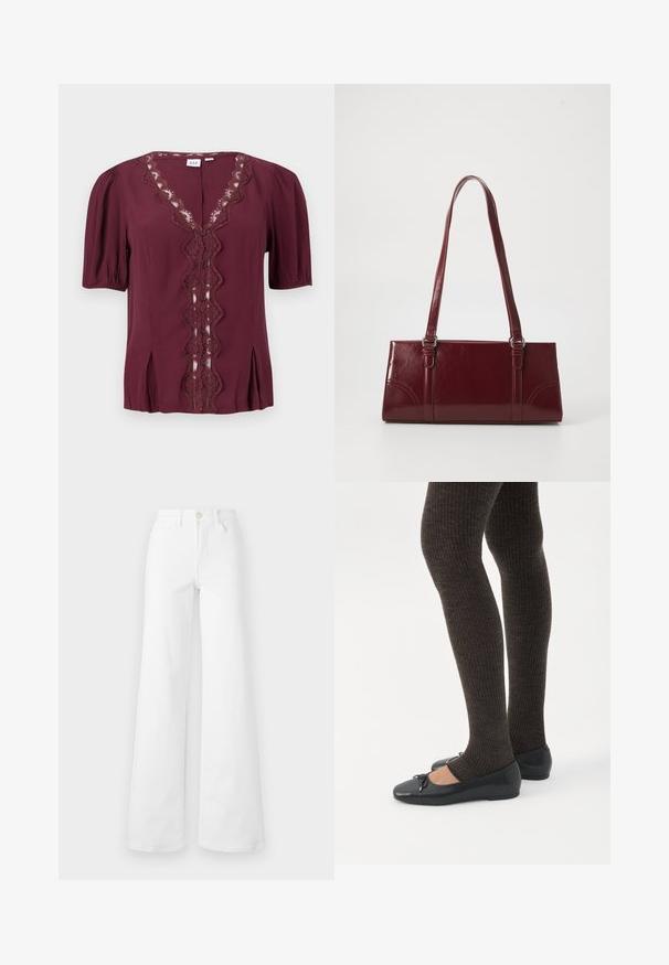 Bordeauxrode blouse met korte mouwen, voorzien van een golvende kanten rand langs de V-hals en een geknoopte voorkant, met lichte plooien vlak bij de zoom.; Witte wijde spijkerbroek van denim met een hoge taille, voorzien van voorzakken, riemlussen en een knoopsluiting. Soepele textuur, geen patronen.; Benen met donkere geribbelde leggings gecombineerd met zwarte ballerina's met kleine strikdetails op een witte achtergrond.; Bourgondische handtas van glanzend materiaal, rechthoekige vorm, met twee schouderbanden en subtiele gebogen accenten aan de voorkant.
