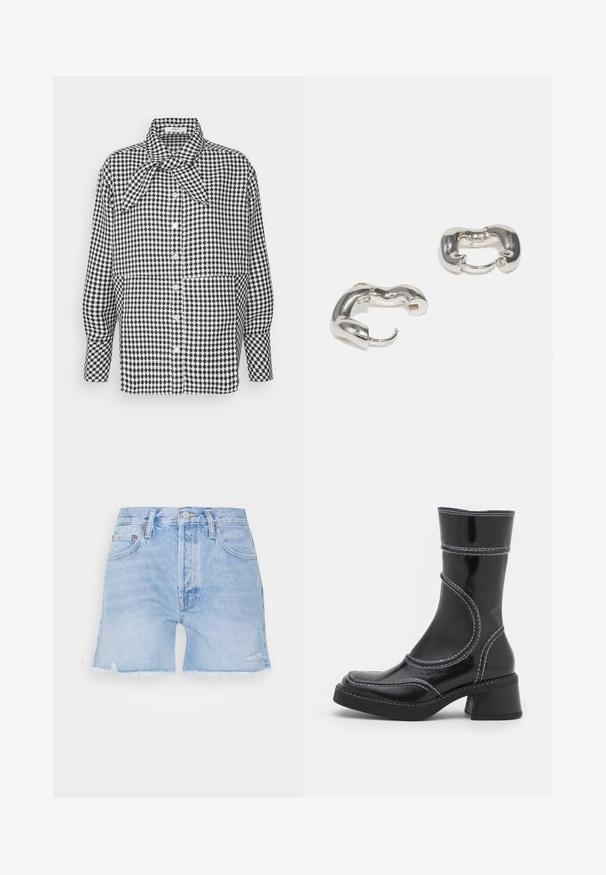 Lovechild CLYDE SHIRT - Πουκαμίσα με κουμπιά - multi black; Τζιν σορτσάκια σε ανοιχτό μπλε χρώμα με φθαρμένη τελείωση. Διαθέτουν κλασικό σχέδιο με πέντε τσέπες, κλείσιμο με κουμπί και ελαφριά φθορά στο ύφασμα.; Μαύρη πατενταριστή δερμάτινη μπότα με λευκές ραφές, στρογγυλή μύτη και block τακούνι. Διαθέτει καμπυλωτές σχεδιαστικές γραμμές και λεία υφή.; Ασημένια σκουλαρίκια κρίκοι με απαλό, κυματιστό σχέδιο; διαθέτουν χοντρή μορφή και λείο φινίρισμα, επισημαίνοντας μια μοντέρνα αισθητική.