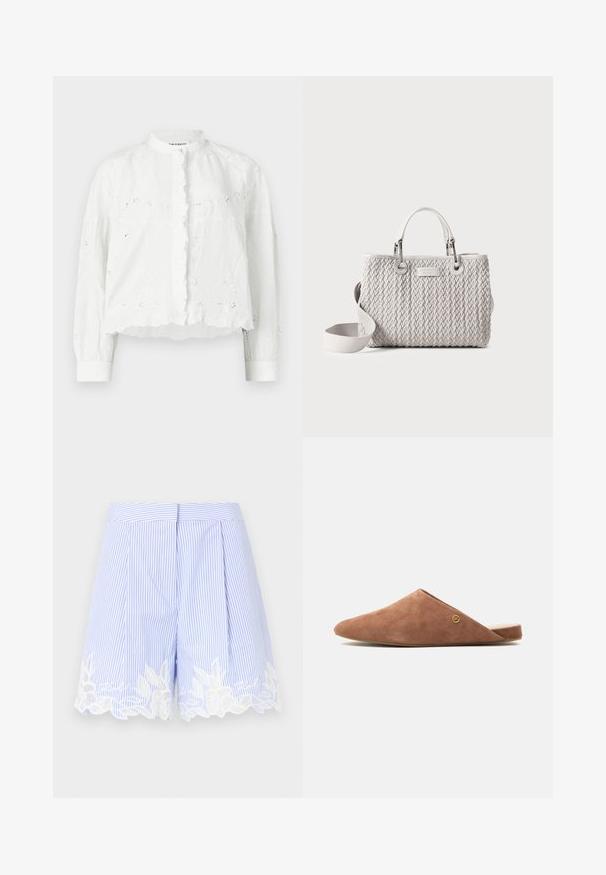 Weiße Bluse mit Rüschenkragen, langen Ärmeln und Knopfverschluss. Mit floraler Stickerei und einem kurz geschnittenen, strukturierten Design.; Blaue und weiße gestreifte Shorts mit einem plissierten Design, das einen Spitzensaum hat. Leichter Stoff mit einer weichen Textur.; Brauner Wildleder-Slipper mit spitz zulaufender Zehenpartie, flacher Sohle und kleinem goldfarbenem rundem Logo an der Seite, vor hellem Hintergrund gezeigt.; Gewebehandtasche, hellgraue Farbe, rechteckige Form, zwei obere Griffe, verstellbarer Schultergurt, metallene Markenplakette auf der Vorderseite.