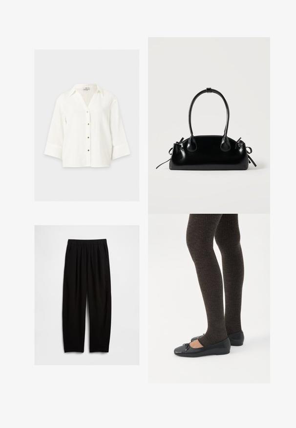 Blouse blanche manches longues avec col et cinq boutons dorés sur le devant, présentée sur un fond uni.; Pantalon noir à coupe décontractée avec taille élastique et poches latérales, présenté sur un fond blanc uni.; Jambes portant des leggings côtelés foncés associés à des ballerines noires avec de petits détails en nœud sur fond blanc.; Petit sac à main noir brillant avec deux longues anses et des détails à cordon sur les côtés sur un fond clair uni.