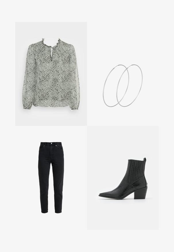 ONLY ONLDITSY BLOUSE - Bluse - seagrass aop/dot leo; Schwarze Jeans mit hoher Taille, vorderem Knopf und Reißverschluss, zwei vorderen Taschen und einem verjüngten Bein auf weißem Hintergrund.; RAID ROCCO - Cowboy-/Bikerstiefelette - black; Silberne Creolen mit minimalistischem Design. Rundform, glatte Oberfläche und dünnes Profil. Leichtgewichtig mit hochglänzender Oberfläche.