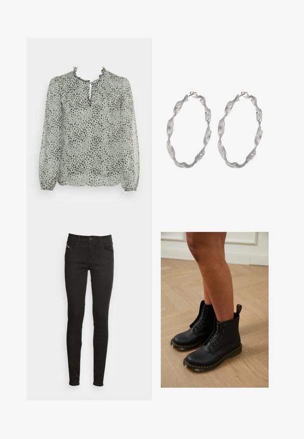 ONLY ONLDITSY BLOUSE - Blúzka - seagrass aop/dot leo; Čierne slim-fit džínsy s prednými vreckami, pútkami na opasok, gombíkovým zapínaním a zipsom, zobrazené na bielom pozadí.; Čierne kožené členkové čižmy so zipsom a šnurovacím dizajnom, s žltými stehmi a hrubou, textúrovanou podrážkou.; Strieborné kruhové náušnice so skrúteným dizajnom, s textúrovaným povrchom a bezpečným zapínaním. Ľahké a reflexné s elegantným povrchom.