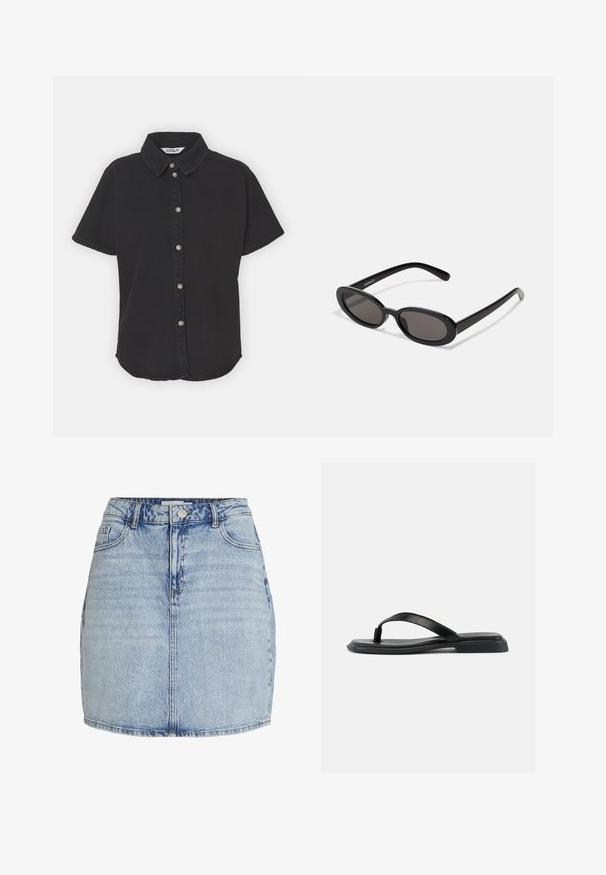 Sort kortærmet skjorte lavet af bomuld, med krave, frontlukning med metalknapper og afrundet kant.; Lyseblå denim mini nederdel med frontknap og lynlås, bæltestropper og frontlommer.; Sort flad thong-sandal med tekstureret rem og let forhøjet hæl, vist i sideprofil mod en ensartet lys baggrund.; Even&Odd by Zalando Solbriller - black