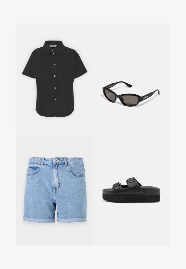 Chemise noire à manches courtes en coton, avec col, fermeture à boutons sur le devant avec des boutons en métal, et ourlet arrondi.; Shorts en denim bleu clair, avec un ourlet roulé, des poches standard et une fermeture à bouton à l'avant. Texture douce avec une finition légèrement délavée.; Sandales à plateforme noires en matériau lisse, dotées de deux sangles réglables avec boucles et d'une semelle texturée pour une bonne adhérence.; Lunettes de soleil noires avec une monture rectangulaire, des verres sombres, un matériau plastique lisse et un accent métallique sur la branche.