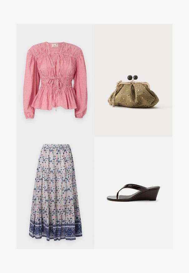 Blouse rayée rouge et blanche à manches longues, avec un buste froncé et un cordon de serrage ajustable à la taille, dotée d'un ourlet en peplum.; Jupe maxi florale avec un fond gris, présentant des fleurs roses et bleues, un design à volants, et un ourlet à motifs navy. Taille élastique.; Sandale compensée en cuir verni marron avec bride entre les orteils et bout ouvert, vue de profil sur un fond uni.; Petite pochette avec motif géométrique doré et noir, cadre en métal doré, fermeture à boule noire et une courte chaîne dorée.