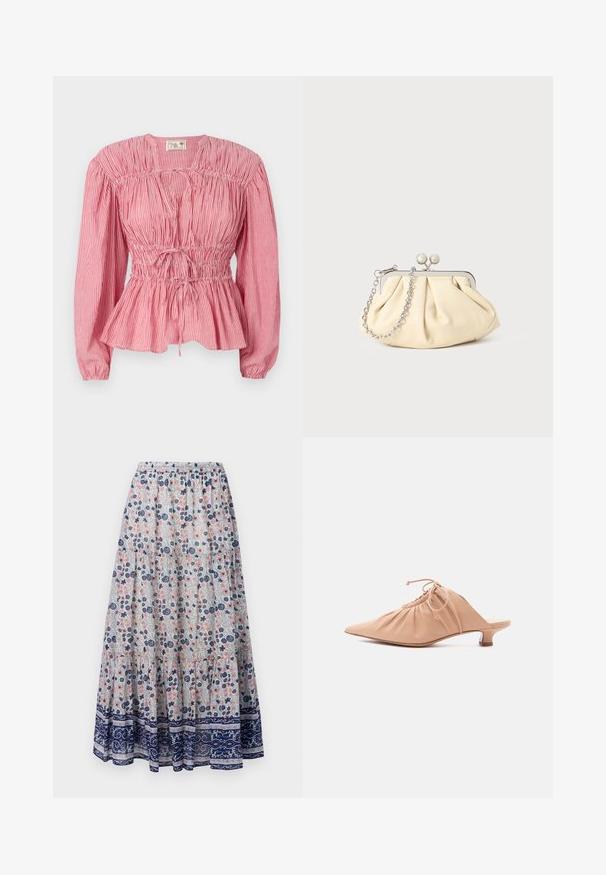 Blouse rayée rouge et blanche à manches longues, avec un buste froncé et un cordon de serrage ajustable à la taille, dotée d'un ourlet en peplum.; Jupe maxi florale avec un fond gris, présentant des fleurs roses et bleues, un design à volants, et un ourlet à motifs navy. Taille élastique.; Mule pour femme en cuir beige avec bout pointu, dessus froncé, lien de serrage et petit talon kitten, sur fond blanc.; Pochette en cuir beige plissé avec un cadre en métal argenté, dotée de deux fermoirs ronds décoratifs et d'une chaîne en argent.