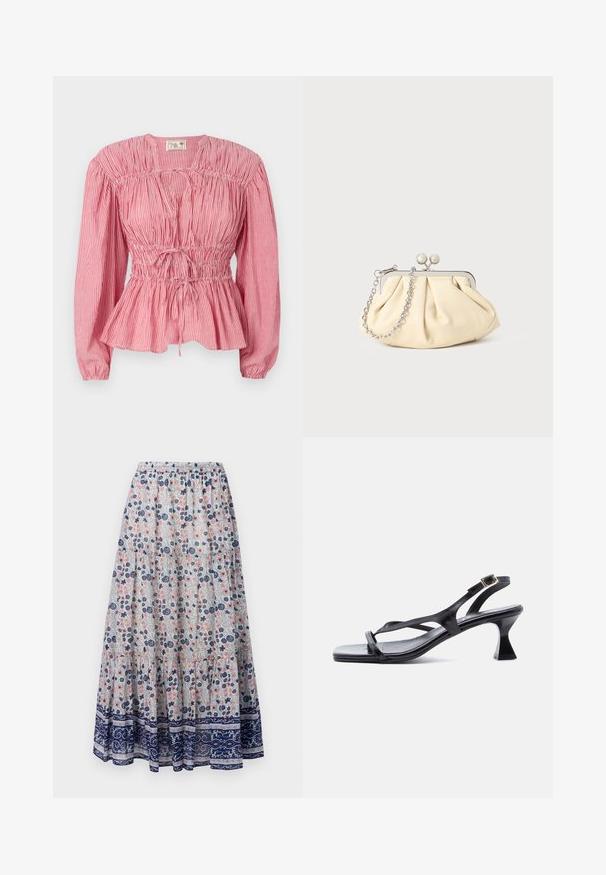 Rød og hvidstribet bluse med lange ærmer, samlet liv og justerbar snor i taljen, med en peplum-søm.; Blomstret maxiskørt med grå baggrund, prydet med lyserøde og blå blomster, lagdelt design og en marineblå mønstret kant. Elastisk talje.; Sort lædersandal til kvinder med tynde stropper, firkantet tå, justerbar ankelrem og udvidet mellemhøj hæl.; Plisseret beige læderclutch med en sølvmetalramme, der har to runde dekorative låse og en sølvkædetrasporte.
